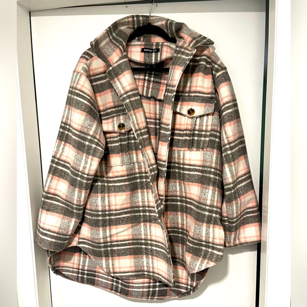 Oversized Tall Shacket Pink and Grey Plaid, size 12